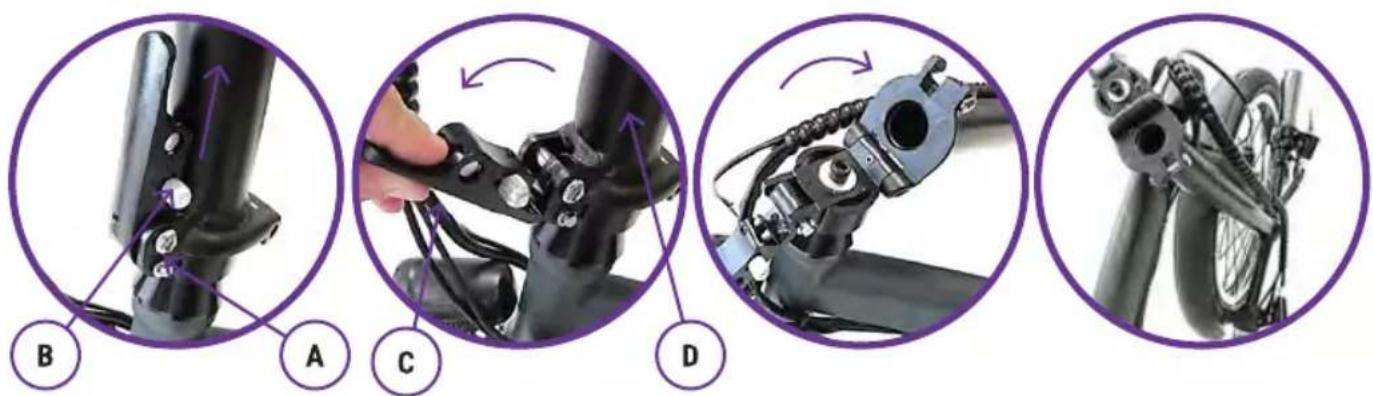 Mechanical assembly diagram showing four steps of bicycle wheel mounting and disassembly, labeled A, B, C, D.