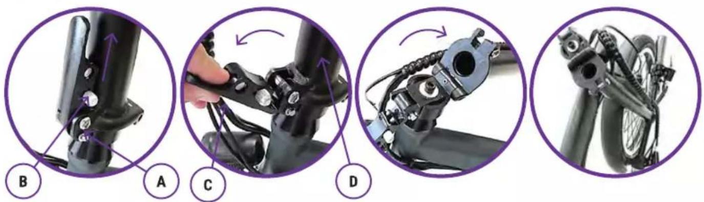 Diagram showing four steps of bicycle wheel assembly with labeled components A, B, C, D