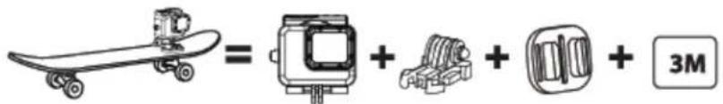 Illustration showing a skateboard and three 3M camera components with corresponding icons and labels
