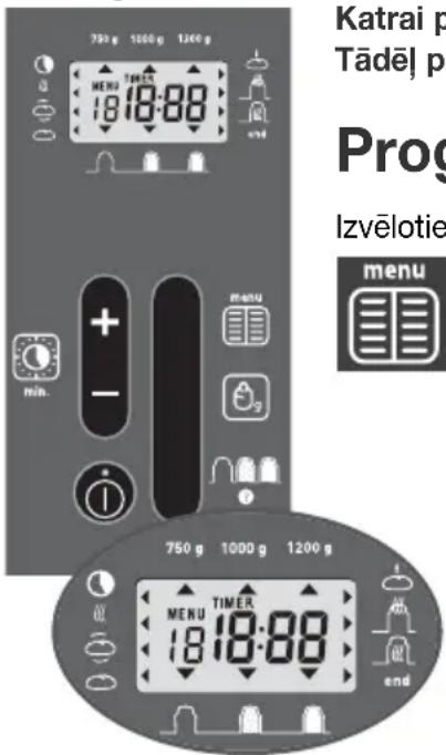 Katrai p Tādēl p Prog Izvelotie menu 750 g 1000 g 1200 g MENU TIMER 18:18:88 750 g 1000 g 1200 g MENU + - MENU 750 g 1000 g 1200 g MENU 750 g 1000 g 1200 g MENU 750 g 1000 g 1200 g