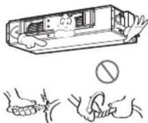 Diagram illustrating a robot inside a device with hand gestures and a prohibition symbol below, accompanied by two hands holding hands.
