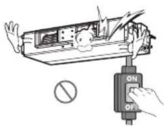 Diagram showing electrical shock experiment with labeled ON/OFF buttons and a prohibition symbol