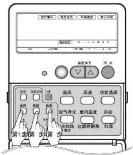 运行模式 温度设定 风扇湿度 其它功能 柜内位置 520000 13:30S - 17 - 19 - 21 - 25 温度调节 开关 定时 报警定时 2mF 送风 风速 功能选择 程序 更换 快照 空气净化 室内温度 自动 电加热 复位 过滤网解除 加湿 第1步-第步