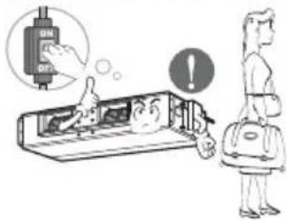 Illustration showing a hand inserting a device into a device with an 'ON' button, and a person holding a backpack with an exclamation mark.