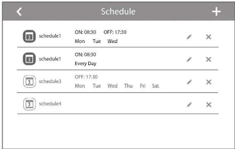 Schedule 3 schedule1 ON: 08:30 OFF: 17:30 Mon Tue Wed 3 schedule1 ON: 08:30 Every Day 3 schedule3 OFF: 17:30 Mon Tue Wed Thu Fri Sat 3 schedule4