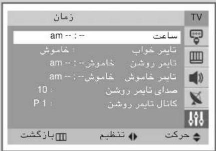 زمان am --:-- تایمر خواب خاموش am --:-- تایمر روشن خاموش am --:-- تایمر خاموش 10: صداي تایمر روشن P 1: کانال تایمر روشن بازگشت تنظيم حرکت TV