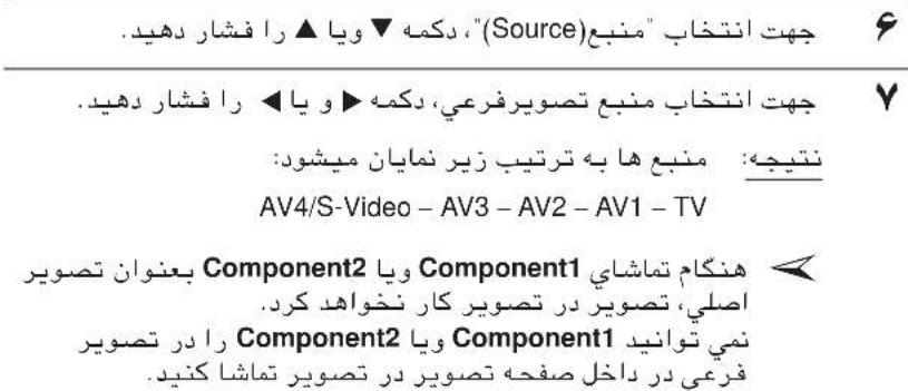 جهت انتخاب "منبع" (Source) دكمه▼ ويا ▲ را فشار دهید. جهت انتخاب منبع تصویرفرعي، دكمه ▶ و يا را فشار دهید. نتيجه: منبع ها به ترتيب زیر نمايان میشدود: AV4/S-Video - AV3 - AV2 - AV1 - TV beعنوان تصویر Component2 ويا Component1 هنگام تماشای اصلی، تصویر در تصویر کار نخواهد کرد. Component2 ويا Component1 را در تصویر فرعي در داخل صفحه تصویر در تصویر تماشا کنید.