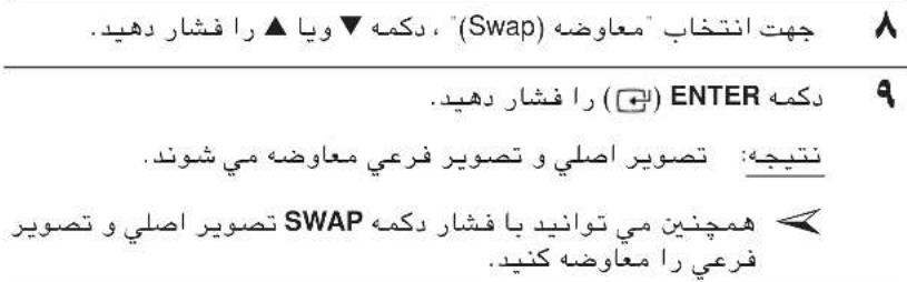 جهت انتخاب "معاوضه (Swap)، دكمه ▼ ويا ▲ را فشار دهید. (☐) ENTER دكمه را فشار دهید. نتيجه: تصوير اصلی و تصوير فرعی معاوضه می شوند. همچنین می توانید با فشار دكمه SWAP فرعي را معاوضه کنید.