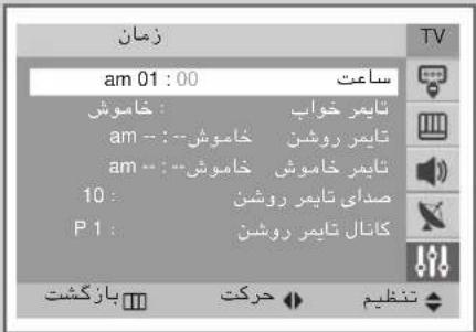 زمان am 01 : 00 ساعت خاموش taيمر خواب am --: --- خاموش taيمر روشن am --- --- خاموش taيمر خاموش 10 : صدای تايمر روشن P 1 : kanال تايمر روشن بازکشت حرکت تنظیم