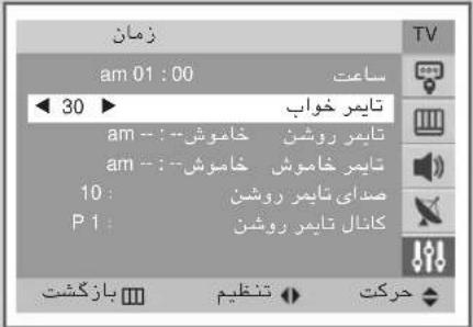 زمان am 01:00 ساعت 30 ▶ تاییر خواب am -- : --- خاموش am -- : --- خاموش 10 : P 1 : صدای تاییر روشن کانال تاییر روشن بازگشت تنظیم حرکت TV