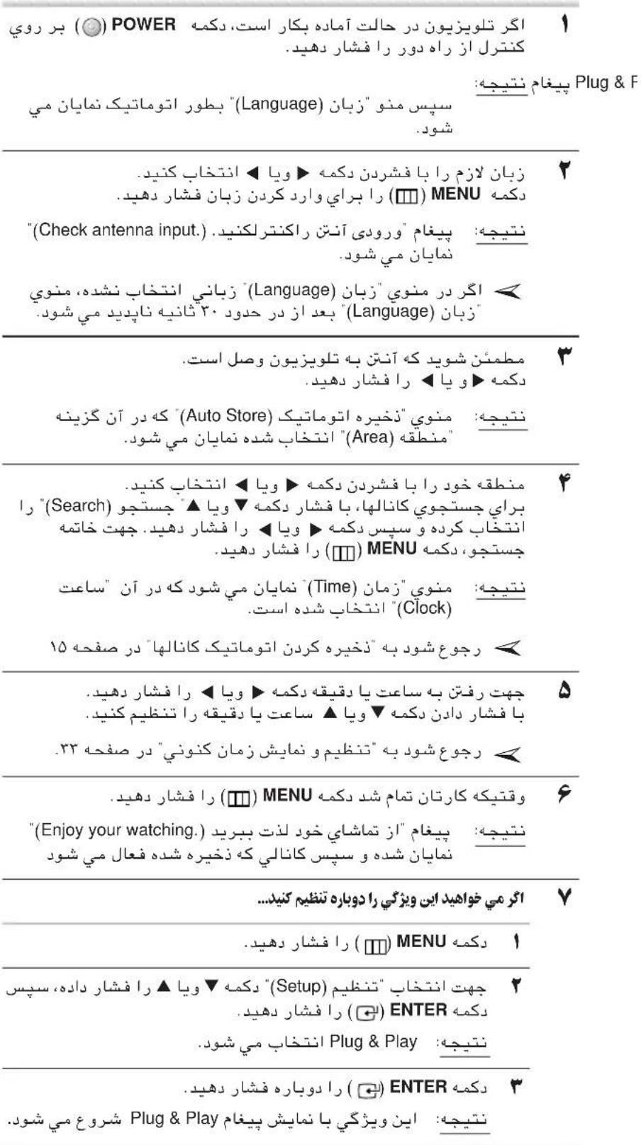 POWER ( ) ب روي کنترل از راه دور را فشار دهید. بیغام نتیجه: (Language) "بطور اтомاتیک نمايان می سپس منو "زبان شود. زبان لازم را با فشردن دکمه ▶ ويا ▲ انتخاب کنید. دکمه ( ) MENU () " (Check antenna input.) . پیغام "ورودی آنت زاكنترکنید. نمایان می شود. اگرد منوي "زبان " (Language) "زبانی انتخاب نشده، منوي " (Language) "زبان بعد از در حدود ۲. ثانیه ناپدید می شود. مطمنن شوید که آنتن به تلویزیون وصل است. دکمه ▶ ويا ▲ انتخاب کنید. INTYGE: منوي "ذخیره اтомاتیک (Auto Store) "که در آن گزینه " (Area) "INTخاب شده نمايان می شود. منطقه خود را با فشردن دکمه ▶ ويا ▲ انتخاب کنید. Search) "(Search) "جستجو (را براي جستجوی کانالها، با فشار دکمه ▶ ويا ▲ جستجو (را فشار دکمه INTCTAB کرده و سیس دکمه ▶ ويا ▲ را فشار دکمه جستجو، دکمه ( ) MENU () "Time) "نمايان می شود که در آن "ساعت "Clock) RGOG شود به "ذخیره کردن اтомاتیک کانالها" در صفحه ۱۵ چهترفتن به ساعت یا دقيقة دکمه ▶ ويا ▲ را فشار دکمه با فشار دادن دکمه ▶ ويا ▲ ساعت یا دقيقة را تنظيم کنید. RGOG شود به "تنظيم و نمايش زمان کنوني" در صفحه ۲۳ وقتیکه کارتان تمام شد دکمه (MENU) را فشار دکمه "Enjoy your watching.) . بیغام "از تماشدی خود لذت ببربید (مایان شده و سپس کانالی که ذخیره شده فعال می شود مایان شده و سپس کانالی که ذخیره شده فعال می شود اگرمی خواهید این ویژگی را دوباره تنظيم کنید... دکمه ( ) MENU ( ) جهتر انتخاب "تنظيم" (Setup) "دکمه ▶ ويا ▲ را فشار داده، سپس ( ) ENTER ( ) ENTER () INTCTAB می شود. دکمه ( ) ENTER ( ) شروع می شود. INTYGE: این ویژگی با نمايش پیغام Plug & Play