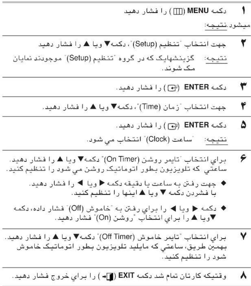 (Setup) (Setup) (SET) ENTER (On Timer) (Off Timer) EXIT (EXIT) الله بعربية في ماني، وياً را فشار دهید، دكمه ▼ وياً را فشار دهید، دكمه ▼ وياً را فشار دهید، دكمه ▼ وياً را فشار دهید، دكمه ▼ وياً را فشار دهید، دكمه ▼ وياً را فشار دهید، دكمه ▼ وياً را فشار دهید، دكمه ▼ وياً لاتويزیون بطور اтомاتیک روشن می شود را نظیم کنید، ساعتی که تلویزیون بطور اтомاتیک روشن می شود را نظیم کنید، جهت رفتق به ساعتی یا دقيق ه دكمه ▶ وياً را فشار دهید، با فشردن دكمه ▼ وياً اینها را نظیم کنید، دكمه ▶ وياً را پراي رفتق به خاموش (Off) (On) (On) فشار دهید، وياً را براي انتخاب "روشن" (On) (Off Timer)