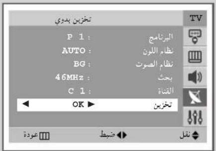 تخزین بدوي P 1 : الر ETAmag AUTO : ن ظام اللوی BG : ن ظام الصوت 46MHz : ب عث C 1 : القناة OK ▶ تخزین عودة ضط تقل