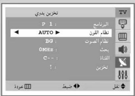 مخزین بداری P 1 : AUTO ▶ BG : 0MHz : C - : مخزین الرناج نظام اللون نظام الصوت بحث القناة عودة ضبط تقل