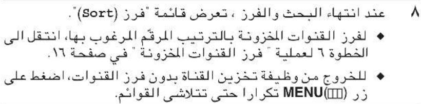 عند انتهاً البحث والفرز، تعرض قائمة "فرز (Sort) ." لفرز/Qالقوات المخزونة بالترتيب المرقّم المرغوب بها، انتقلى الخطوة ٦ لعملية "فرز/Qالقوات المخزونة" في صفحة ١٦. للخروج من وظيفة تخزين القناة بدون فرز/Qالقوات، اضغط على تكرارا حتى تنلاشى القوائم. MENU(□□) زر