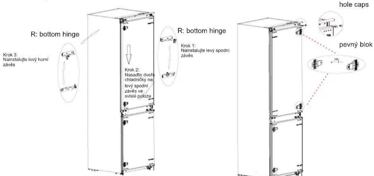 R: bottom hinge Krok 3: Nainstalujte levý horní závěs R: bottom hinge Krok 2: Nasadte dveře chladničky na levý spodní závěs ve svislé poloze Krok 1: Nainstalujte levý spodní závěs hole caps pevný blok