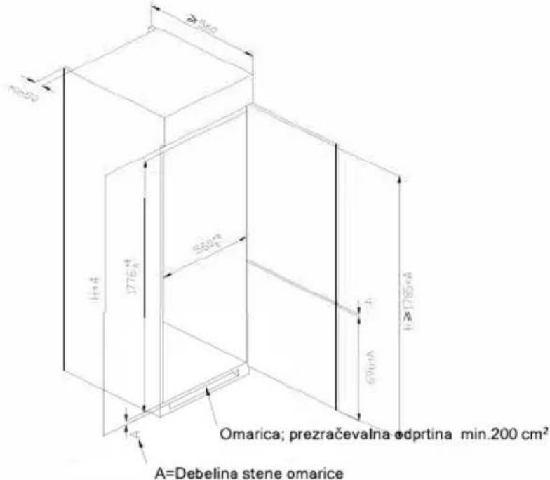 Ø250 H+4 1776+8 A Ø50+8 h≥1785+A Omarica; prezračevalna odprtina min.200 cm² A=Debelina stene omarice