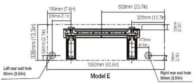 199mm (7.8in) 603mm (23.7in) 322mm (12.7in) 338mm (13.3in) 54mm (2.1in) 173mm 46.8in' 55mm (2.2in') 34mm (2.1in) 1082mm (42.6in) Left rear wall hole 90mm (3.54in) Model E Right rear wall hole 90mm (3.54in)