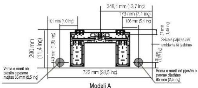 290 mm (11,4 inç) 149 mm (1,35 inç) 101 mm (4,0 inç) 248,4 mm (13,7 inç) 179 mm (7,1 inç) 136 mm (5,4 inç) 37 mm (1,45 inç) Säka e pajses për ambiente të jashtne Vrima e murit në pjesën e pasme majtas 65 mm (2,5 inç) 722 mm (28,5 inç) Vrima e murit në pjesën e pasme djalhtas 65 mm (2,5 inç) Modeli A