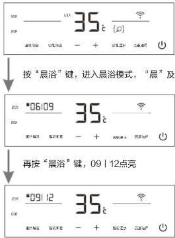 按“晨浴”键，进入晨浴模式，“晨”及 再按“晨浴”键，09 | 12点亮