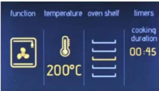 function temperature oven shelf timers 200°C cooking duration 00:45