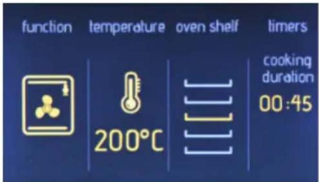 function temperature oven shelf timers 200°C cooking duration 00:45