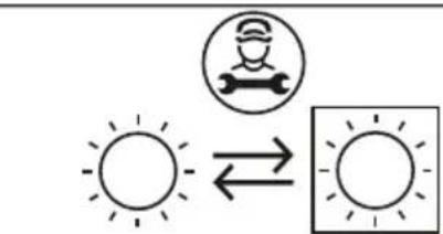Weather icon and directional arrow showing sun, worker, and grid symbols