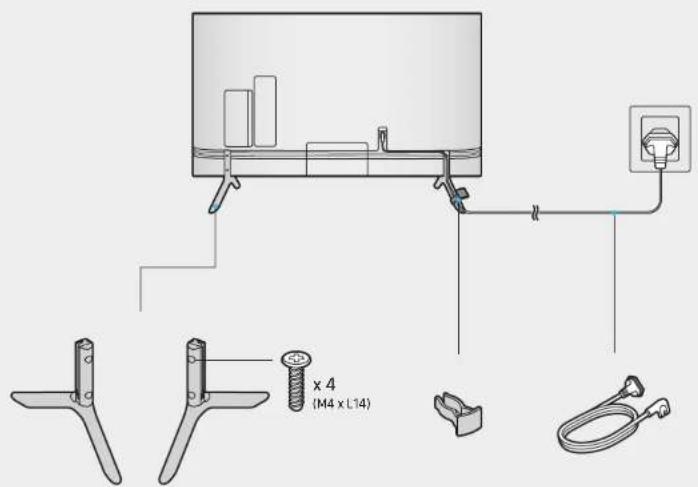 Technical diagram showing installation components including a wall-mounted device, electrical outlet, and four mechanical parts with labeled dimensions.