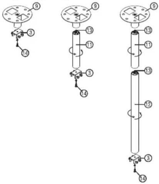 Technical diagram showing three mechanical assembly steps with numbered components and directional arrows indicating motion or movement.