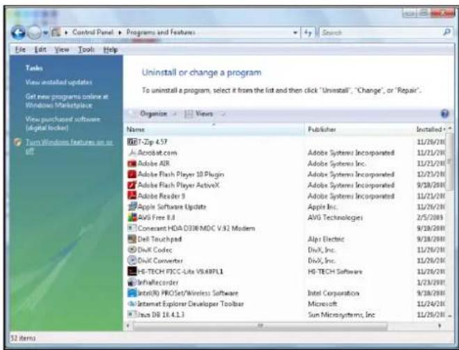 Uninstall or change a program To uninstall a program, select it from the list and then click "Uninstall", "Change", or "Repair". Organise Views Name Publisher Installed GPT-Zip 4.57 11/26/2010 Adobe.com Adobe Systems Incorporated 11/21/2010 Adobe AIR Adobe Systems Inc 11/21/2010 Adobe Flash Player 10 Plugin Adobe Systems Incorporated 12/21/2010 Adobe Flash Player ActiveX Adobe Systems Incorporated 9/30/2010 Adobe Reader 9 Adobe Systems Incorporated 11/21/2010 Apple Software Update Apple Inc 11/26/2010 AVS Free 8.4 AVG Technologies 2/5/2010 Concent HDA D330 MDC V.92 Modern 9/30/2010 Dell Touchpad Alpr Electric 9/30/2010 DivX Codec DivX, Inc 11/26/2010 DivX Converter DivX, Inc 11/26/2010 HS-TECH FCC Lite V5.68PL1 HS-TECH Software 11/26/2010 InflaRecorder 1/23/2010 Intel(R) PROSet/Wireless Software Intel Corporation 9/30/2010 Internet Explorer Developer Toolbar Microsoft 11/24/2010 Trus DB 18.4.1.3 Sun Microsystems, Inc 11/26/2010 $2 items