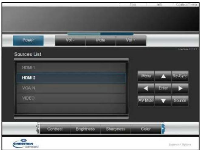 Power Vol - Mule Vol + Sources List HDMI 1 HDMI 2 VGA IN VIDEO Menu ▲ Re-Sync Enter ▶ AV Mule ▼ Source Contrast Brightness Sharpness Color CRESTRON correlated Display Options