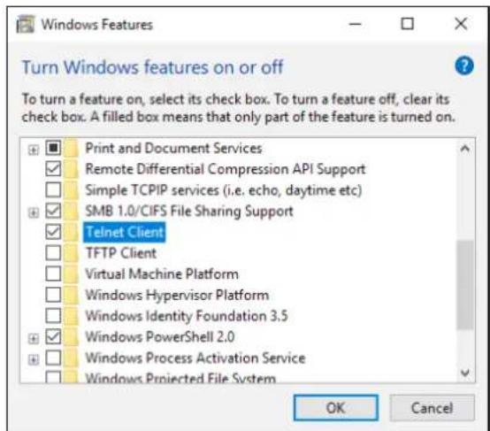 Windows Features Turn Windows features on or off To turn a feature on, select its check box. To turn a feature off, clear its check box. A filled box means that only part of the feature is turned on. Print and Document Services Remote Differential Compression API Support Simple TCPIP services (i.e. echo, daytime etc) SMB 1.0/CIFS File Sharing Support Telnet Client TFTP Client Virtual Machine Platform Windows Hypervisor Platform Windows Identity Foundation 3.5 Windows PowerShell 2.0 Windows Process Activation Service Windows Projected File System OK Cancel