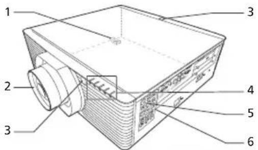 Labeled diagram of a projector with numbered parts for identification