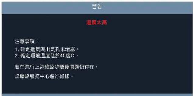 警告 溫度太高 注意事項: 1. 確定進氣與出氣孔未堵塞。 2. 確定環境溫度低於45度C。 若在進行上述確認步驟後問題仍存在, 請聯絡服務中心進行維修。
