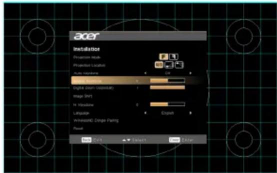 acer Instalience Projection key Projection location Auto Location Image Mode Digital zoom (ospatial) Image Shift H: Hubble Language WAVE(M): Dinge-Pairing Reset Cut Select Enter