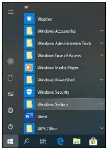 Weather Windows Accessories Windows Administrative Tools Windows Ease of Access Windows Media Player Windows PowerShell Windows Security Windows System Word WPS Office