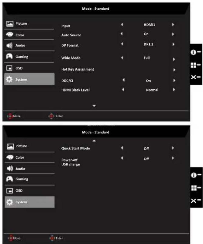 Mode - Standard Picture Input HDMI1 Color Auto Source On Audio DP Format DP1.2 Gaming Wide Mode Full OSD Hot Key Assignment System DDC/CI On HDMI Black Level Normal Move Enter Mode - Standard Picture Quick Start Mode Off Color Power-off USB change Audio Gaming OSD System Move Enter