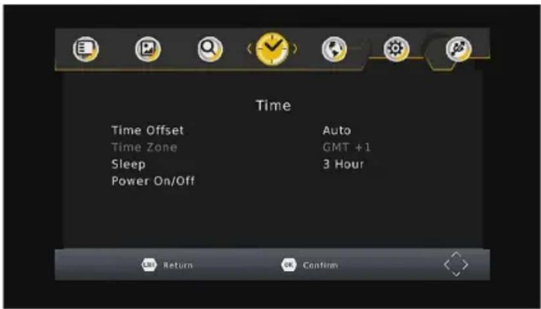 Time Time Offset Auto Time Zone GMT +1 Sleep 3 Hour Power On/Off Return OK Confirm