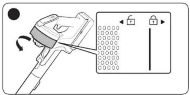 Diagram showing a device with rotating buttons and a lock panel, illustrating a mechanical or electrical process.