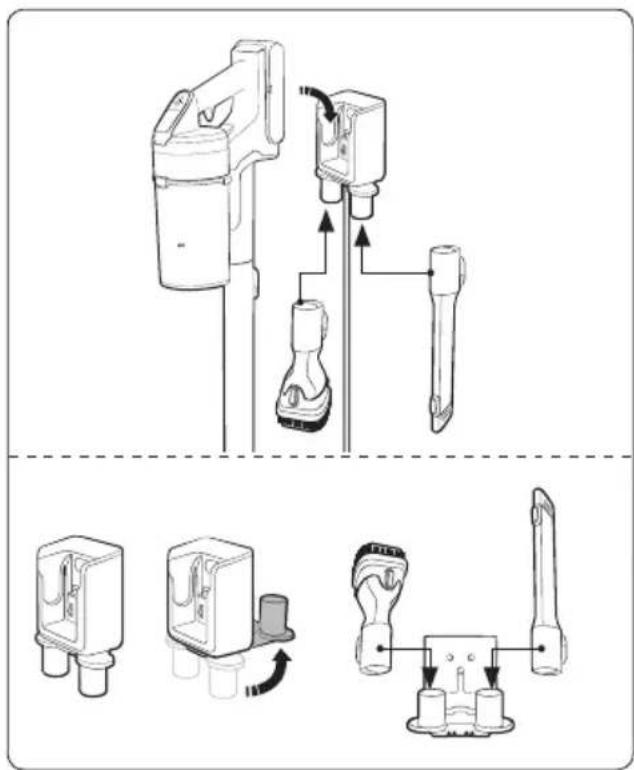 Technical diagram showing exploded and assembled views of a medical or laboratory device with labeled components and directional arrows indicating assembly.