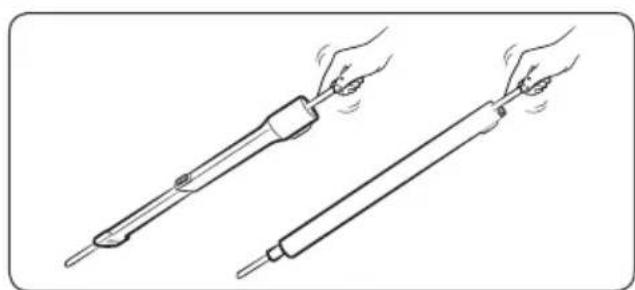 Illustration of two hands holding test probes with motion lines indicating compression (no text or symbols)