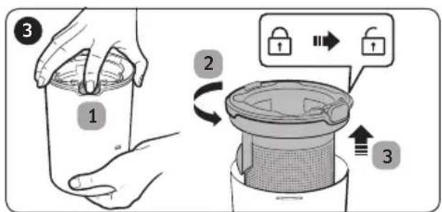 Diagram illustrating three-step steps of a food preservation or cleaning procedure, showing hand holding a cup and moving to a lid with lock icons.