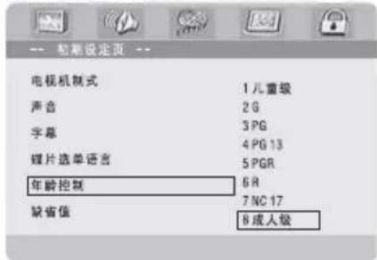 电脑设定页 电视机模式 1儿童级 声音 2G 字幕 3PG 照片选单语言 4PG 13 5PGR 年龄控制 6R 缺省值 7NC 17 8成人级