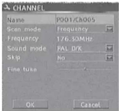 频道 名称 P001/Ch005 扫描模式 频率 频率 176.30MHz 伴音模式 PAL D/K 跳过 否 微调 确定 取消