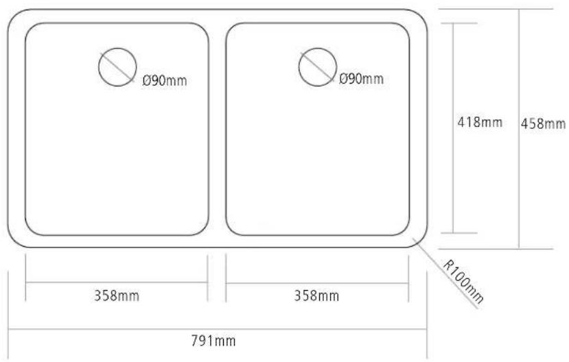 Ø90mm Ø90mm 418mm 458mm 358mm 358mm R100mm 791mm