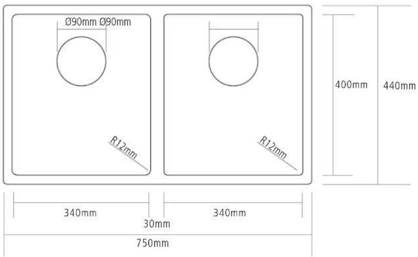 Ø90mm Ø90mm R12mm 400mm 440mm 340mm 30mm 340mm 750mm