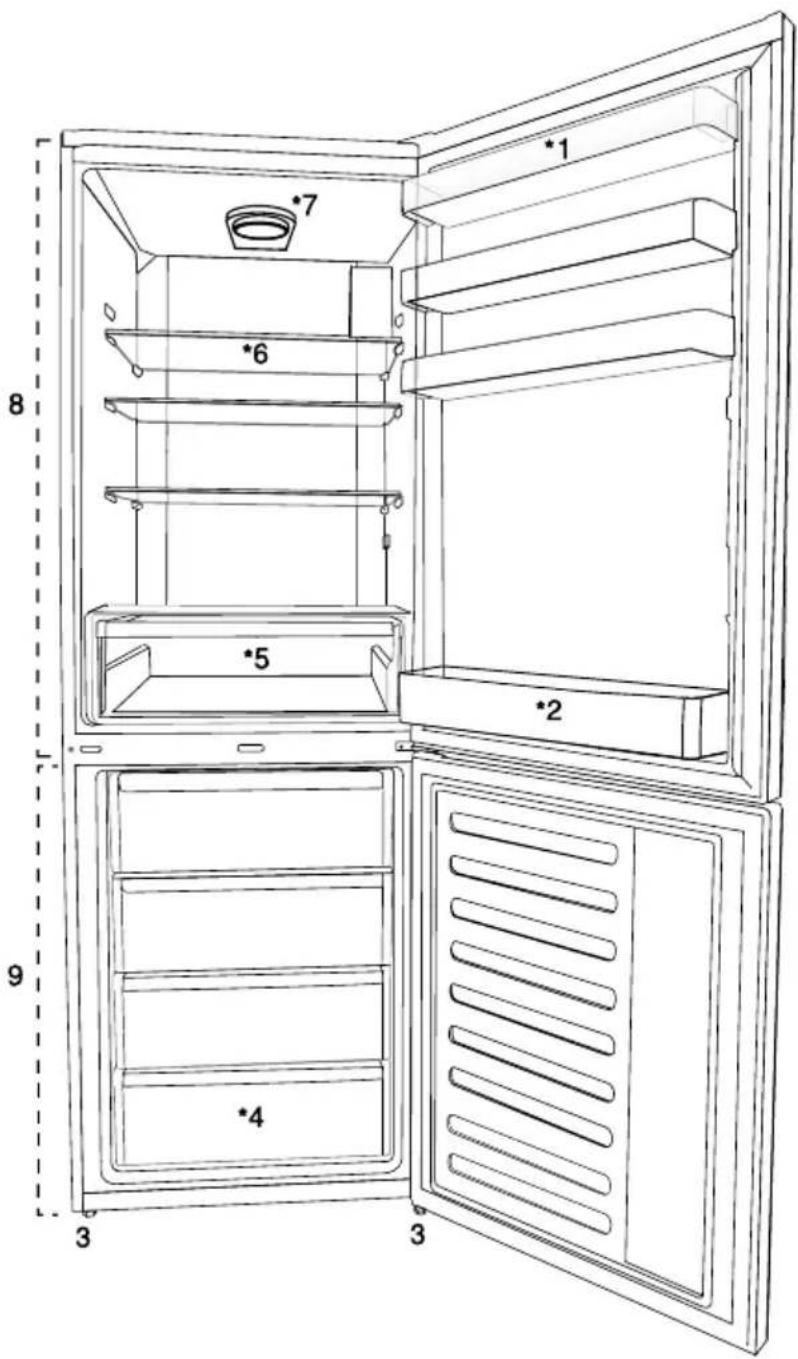 Technical diagram of an open refrigerator with numbered compartments and doorways, showing internal structure and height dimension.