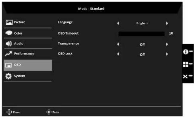 Mode - Standard Picture Color Audio Performance OSD System Language OSD Timeout Transparency OSD Lock English 10 Off Off Move Enter