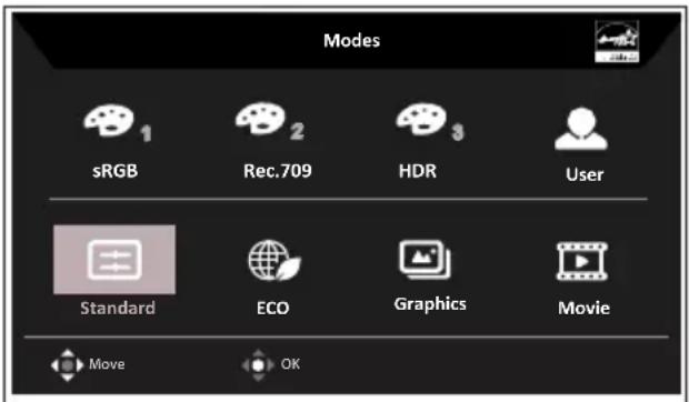 Modes sRGB Rec.709 HDR User Standard ECO Graphics Movie Move OK