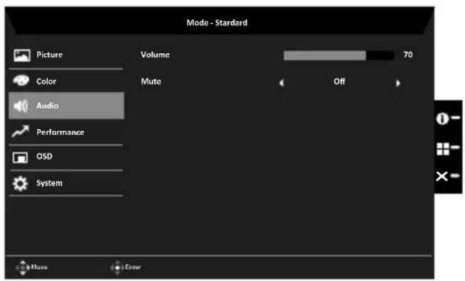 Mode - Standard Picture Volume 70 Color Mute Off Audio Performance OSD System Move Enter